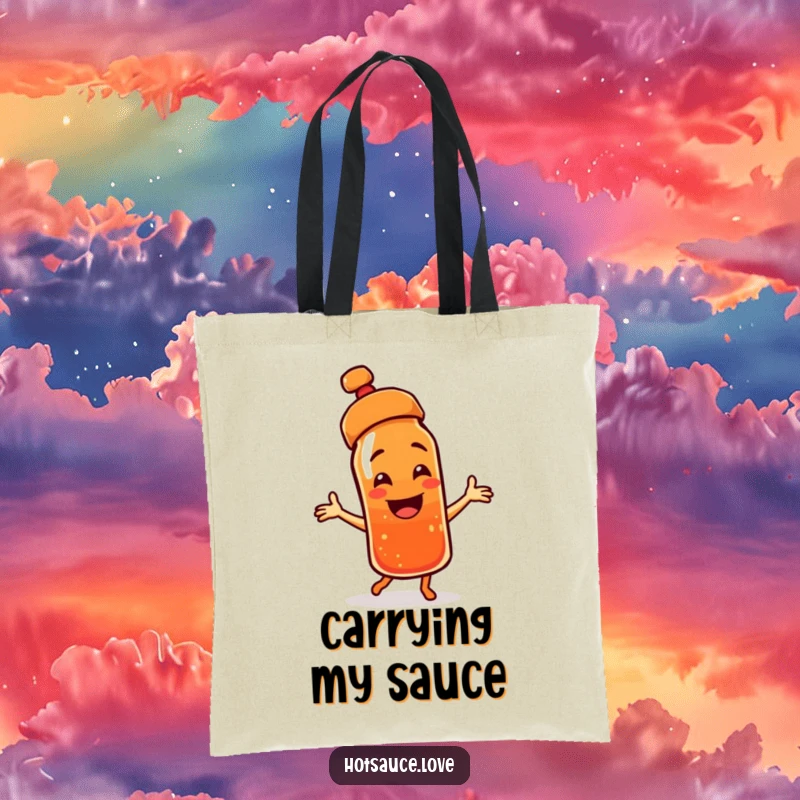 Funny tote bag with a smiling hot sauce bottle character, cap askew, dancing energetically, perfect for groceries or books.