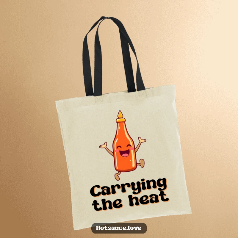 Funny tote bag depicting a smiling hot sauce bottle character leaping enthusiastically, perfect for carrying groceries or essentials with a fiery spirit.