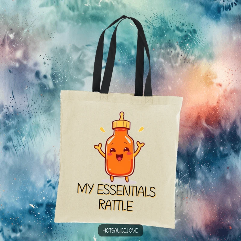Funny tote bag with a smiling cayenne pepper bottle character excitedly shaking its cap, perfect for carrying items with humor.